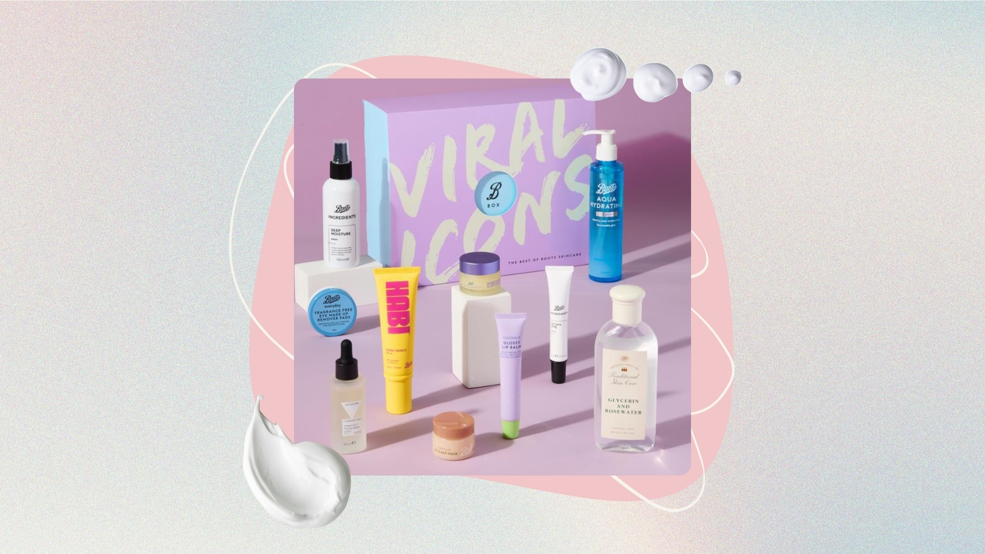 Boots Viral Icons Beauty Box on a pastel watercolour background with a pink circle motif, white swirly design and cream swatches