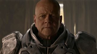 Michael Cudlitz's Lex Luthor wearing his armor, but no helmet over his face