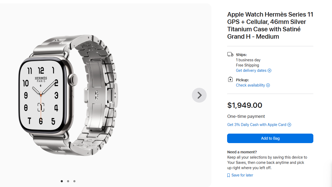 A screenshot from Apple online store showing a silver Apple Watch Hermes for $1,949
