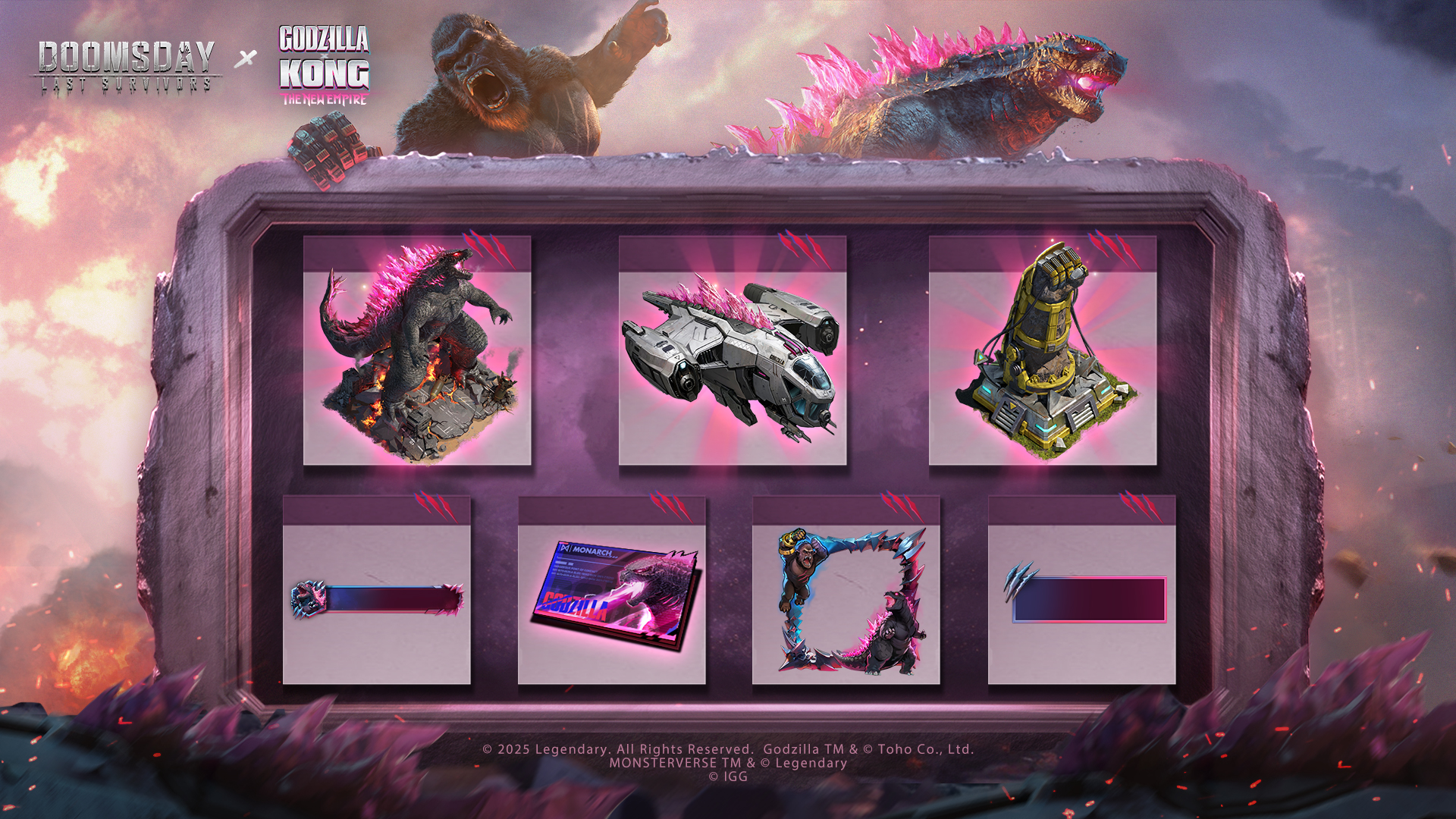 A tablet in Doomsday Last Survivors showing available rewards from the Godzilla x Kong crossover