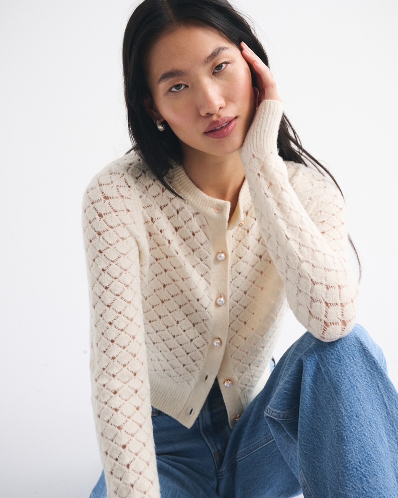Shrunken Pointelle Crew Cardigan