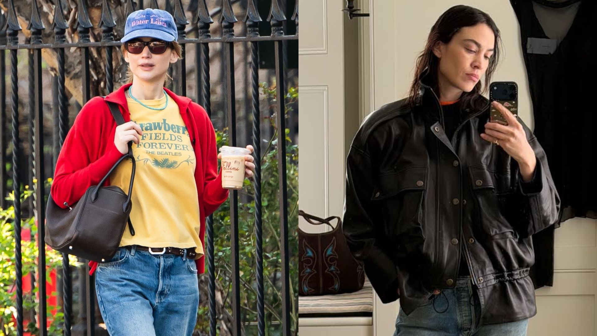 Collage of Jennifer Lawrence and Alexa Chung wearing straight-leg jeans with trainers and loafers.