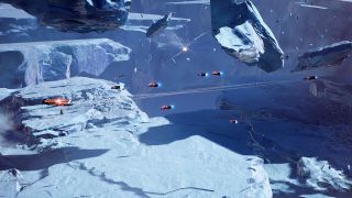 Press image for the video game Homeworld 3. A spaceship battle happening on an ice planet.