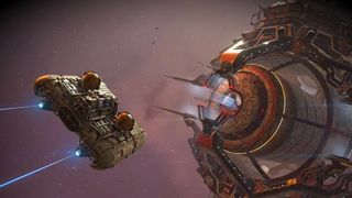 A space ship flying toward a space station, in space