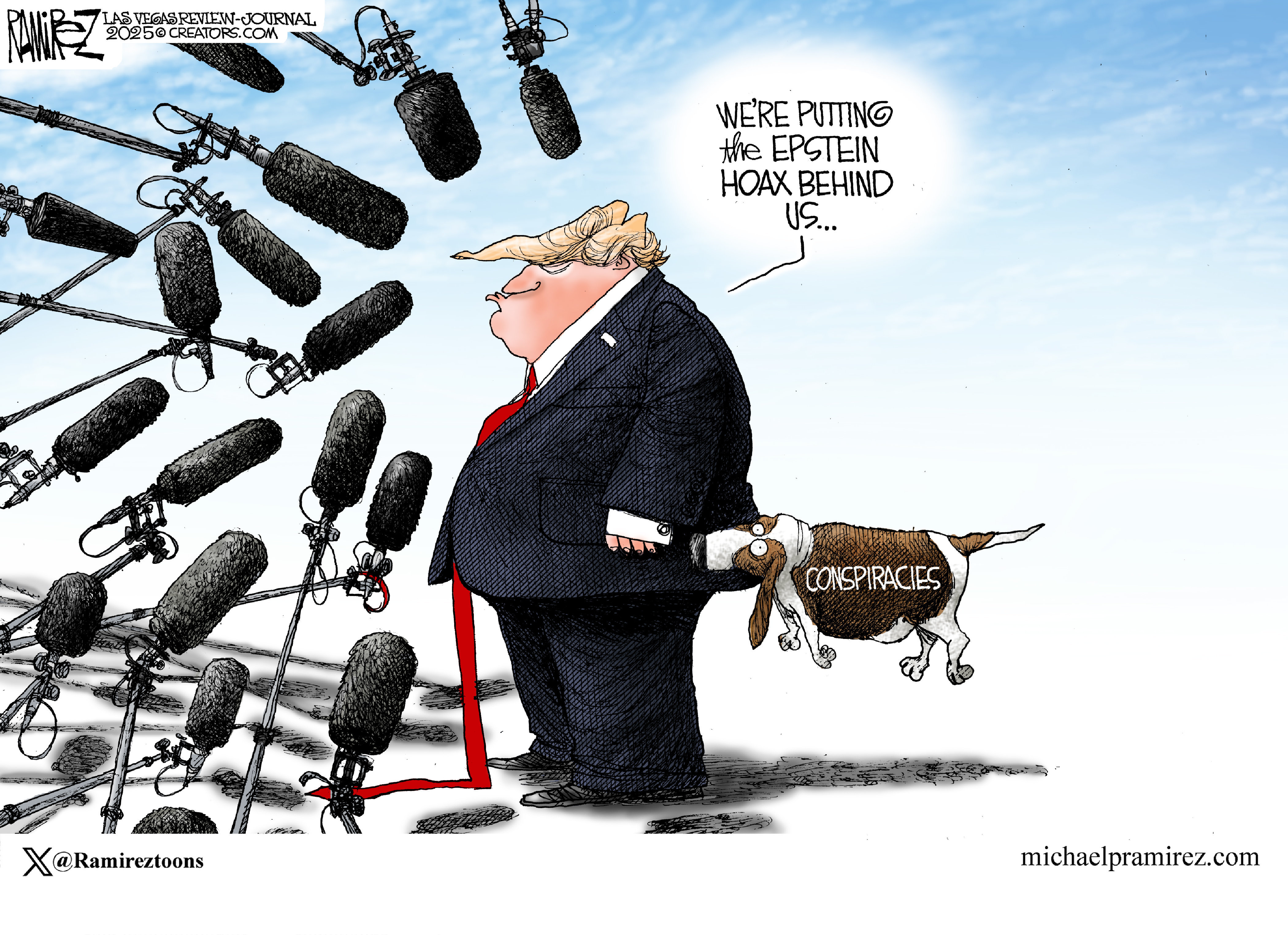 This cartoon depicts Donald Trump surrounded by dozens of microphones. A dog labeled “Conspiracies” has latched its mouth onto Trump’s backside. Trump says, “We’re putting the Epstein hoax behind us.”