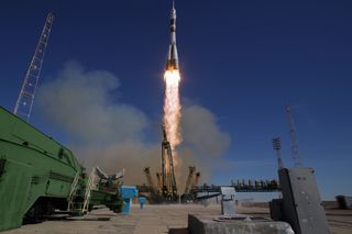 A Russian Soyuz rocket lifts off from a pad at Baikonur Cosmodrome, Kazakhstan on Oct. 11, 2018 carrying U.S. and Russian members of the International Space Station's Expedition 57 crew. The rocket suffered an in-flight failure, forcing an abort and emergency landing for its Soyuz capsule crew.