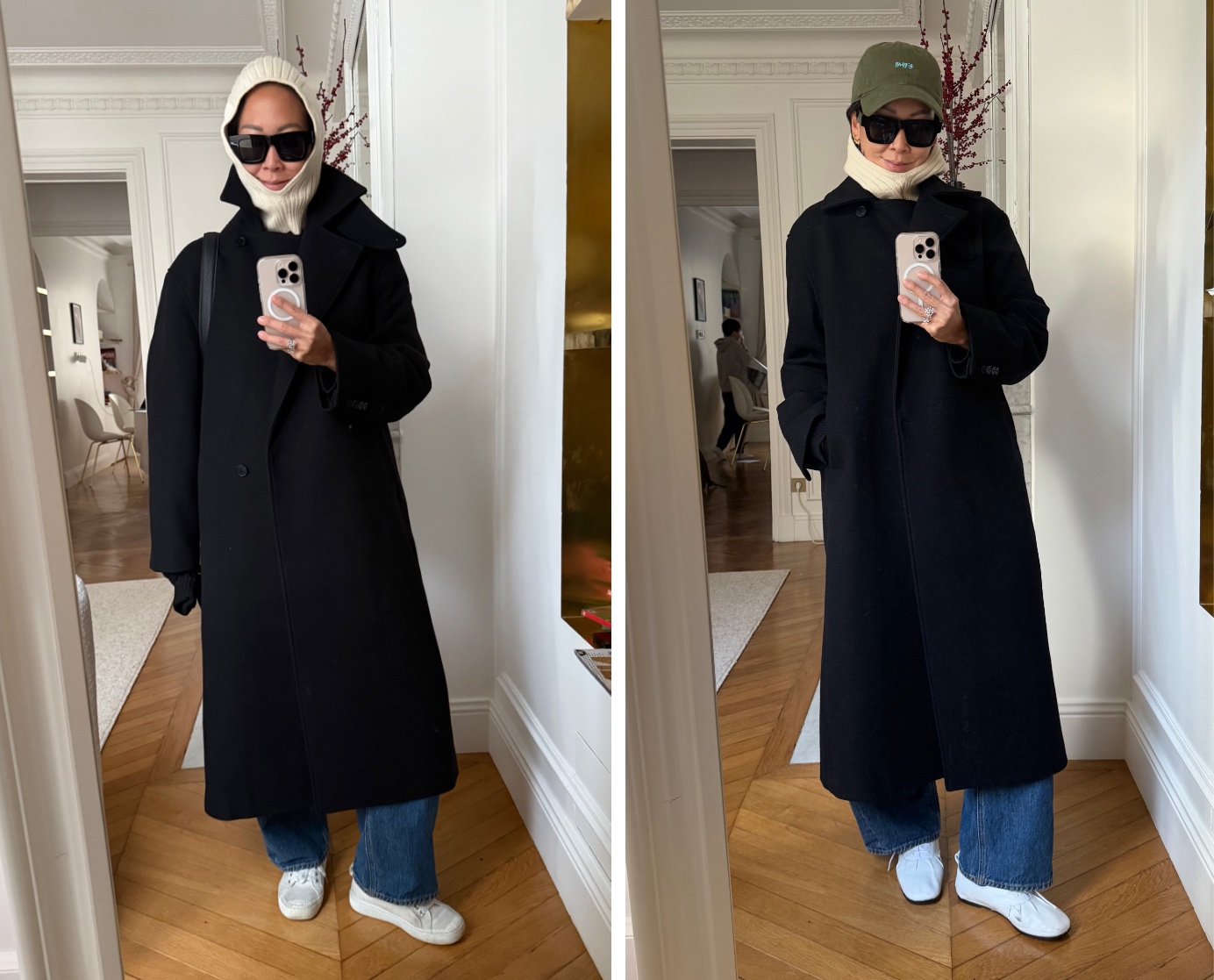 Irene Kim wearing a coat, jeans, jazz shoes and a scarf