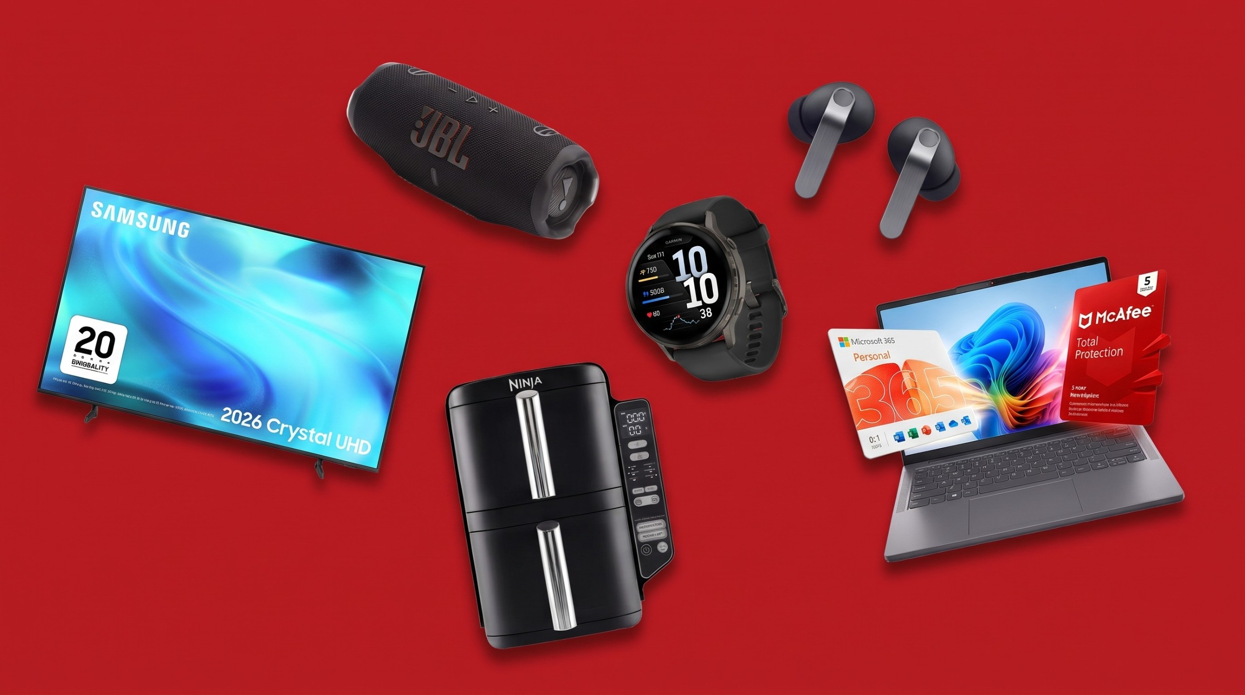 A collage of tech deals from the Argos Black Friday sale, including Samsung TV, JBL speaker, Garmin smartwatch, Samsung earbuds, Lenovo laptop and a Ninja air fryer.