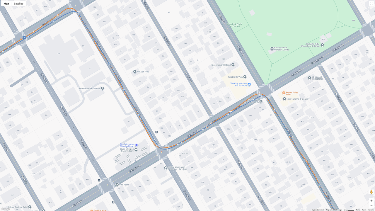 A GPS map showing how the Garmin Forerunner 970 (blue line) and Google Pixel Watch 4 (orange line) compare for a half-marathon test.