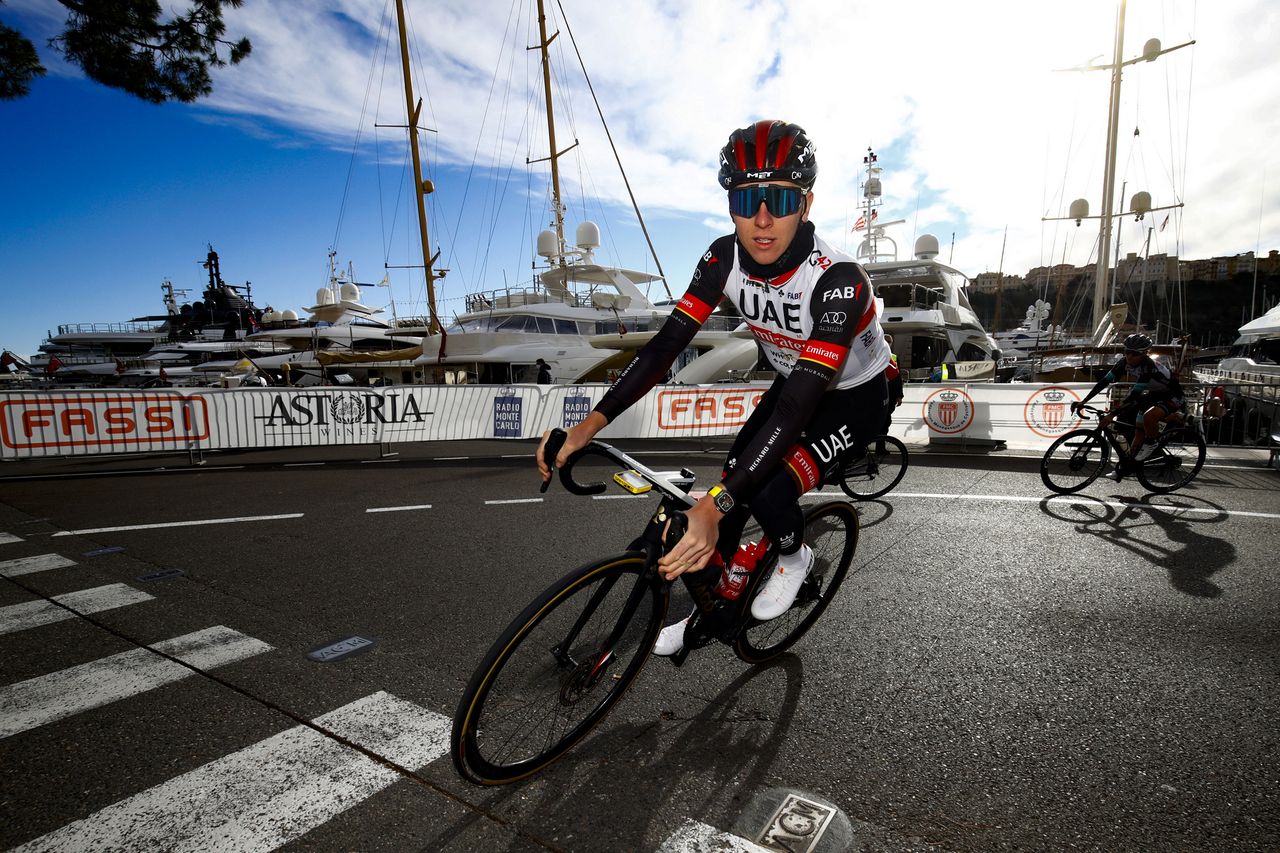Tadej Pogacar corners at speed during the BEKING Monaco criterium