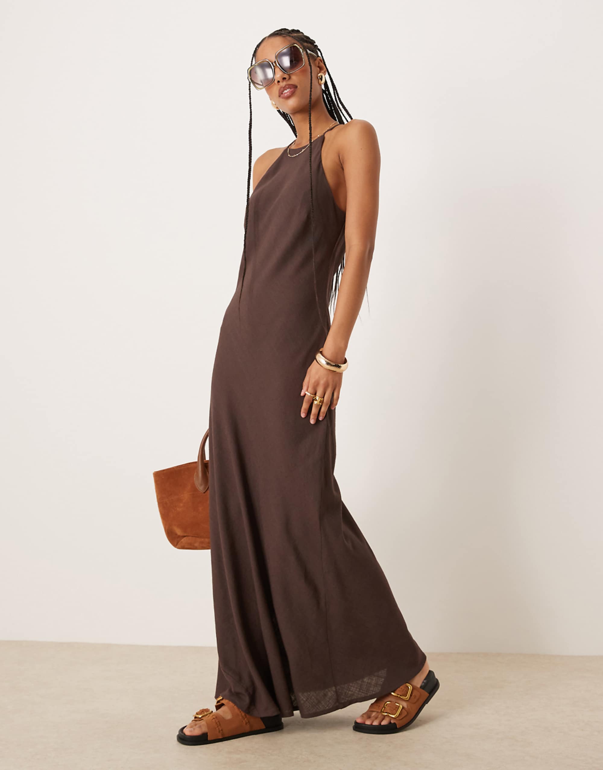 Asos Design Linen Racer Maxi Sundress in Bitter Chocolate