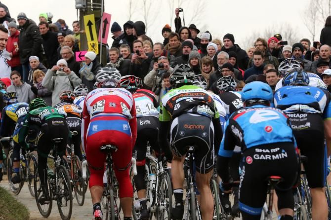 The Tour of Flanders peloton in action.
