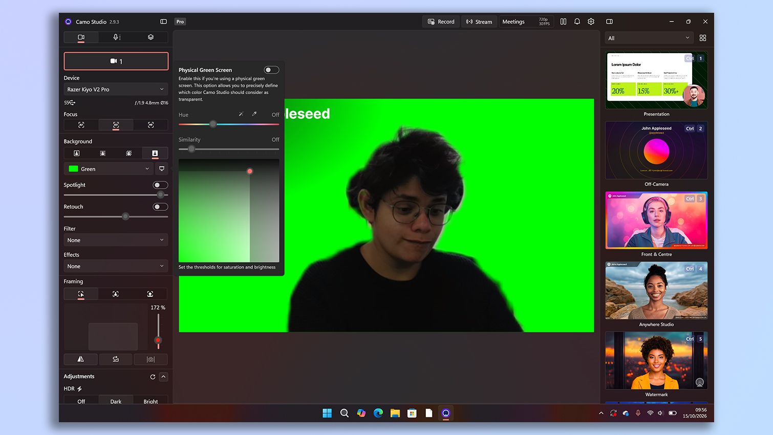 A screenshot of the Razer Kiyo V2 Pro's companion software