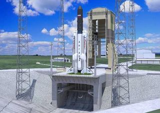 Artist's concept of Russia's proposed Reusable Integrated Launch Vehicle (RILV) on the pad.