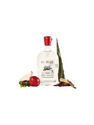 A bottle of mezcal with a red top and transparent body stands against a white background surrounded by fruit.