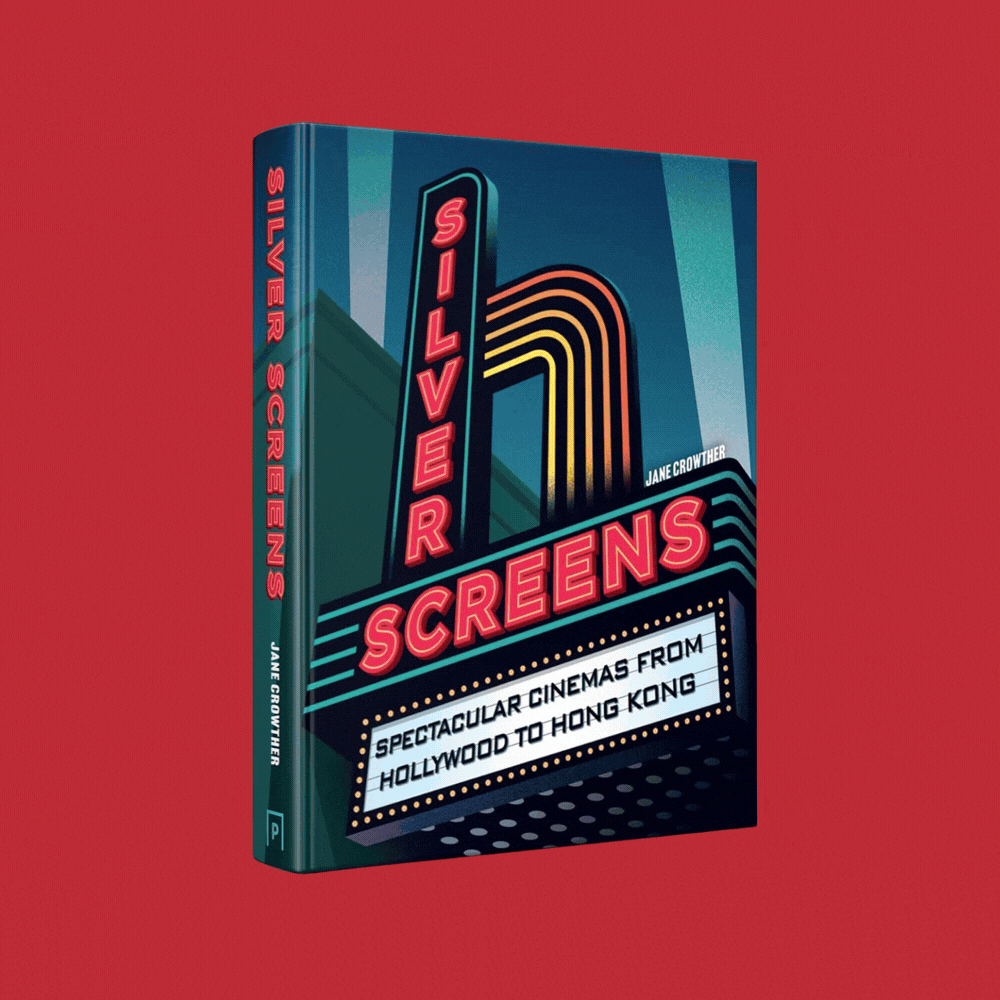 Silver Screens: a Photographic Guide to the World's Best-Loved Cinemas and Movie Houses in a revolving gif showcasing its vintage cinema-inspired cover and colorful interior pages, placed against a red background.