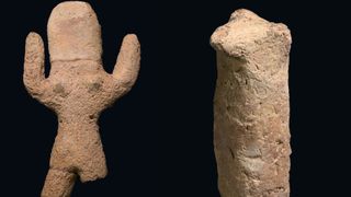 Two clay figurines depicting a woman and an animal. 