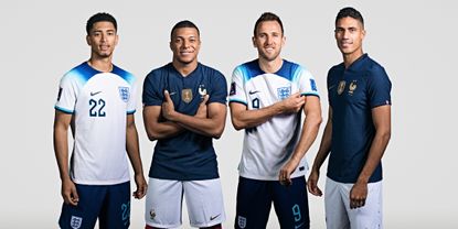 A preview of the England v France World Cup 2022 clash, featuring Jude Bellingham, Kylian Mbappe, Harry Kane and Raphael Varane