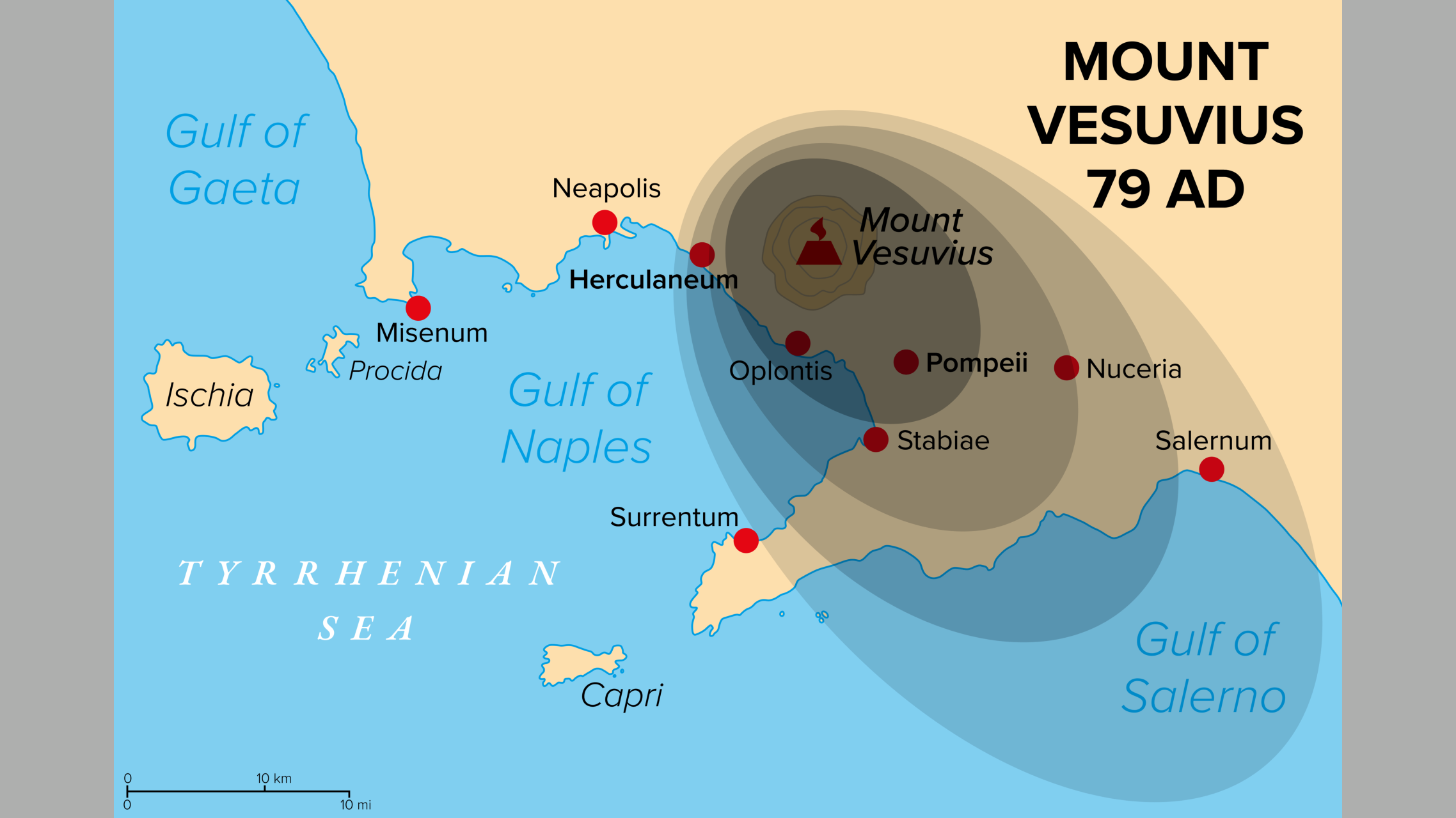 Map of the Tyrrhenian Sea near modern-day Naples showing Mount Vesuvius, cities around it, and the ash cloud from the 79 AD eruption