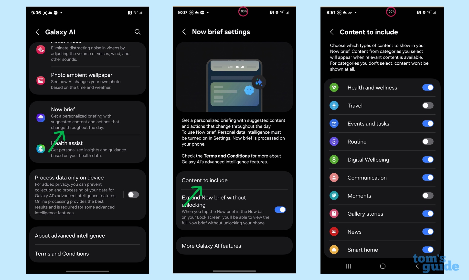 customizing now brief section in settings of one ui 7