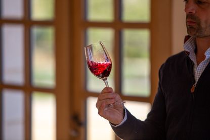 winemaker swirling red wine in glass