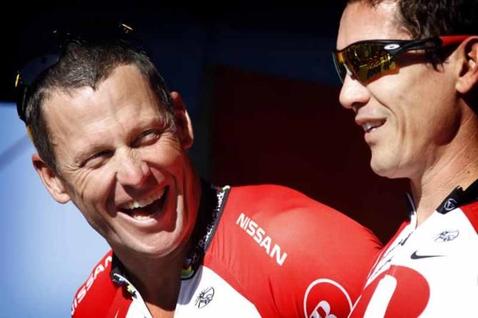 Robbie McEwen shares a laugh with Lance Armstrong at the Tour Down Under
