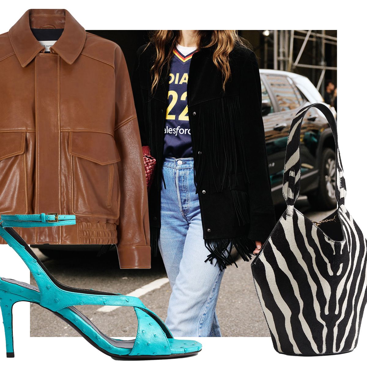 Image of WWW Editor Eliza Huber by Stephanie Geddes in a Kallmeyer Coat. Collage of Khaite Mini Lotus Tote, Khaite Liria Ankle Strap Sandals, and Nour Hammour Runa Paneled Leather Bomber Jacket. 