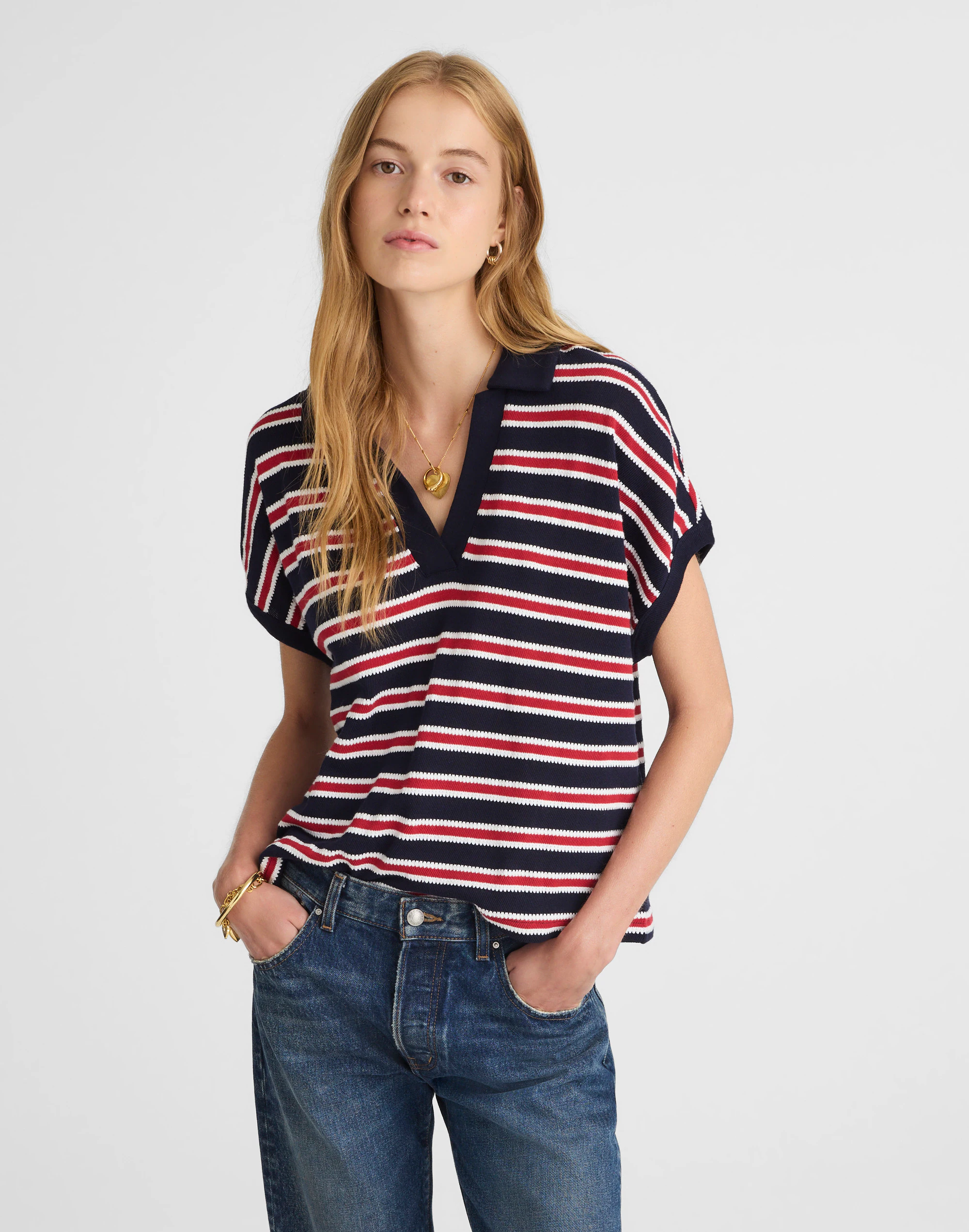 Relaxed V-Neck Polo Shirt in Stripe