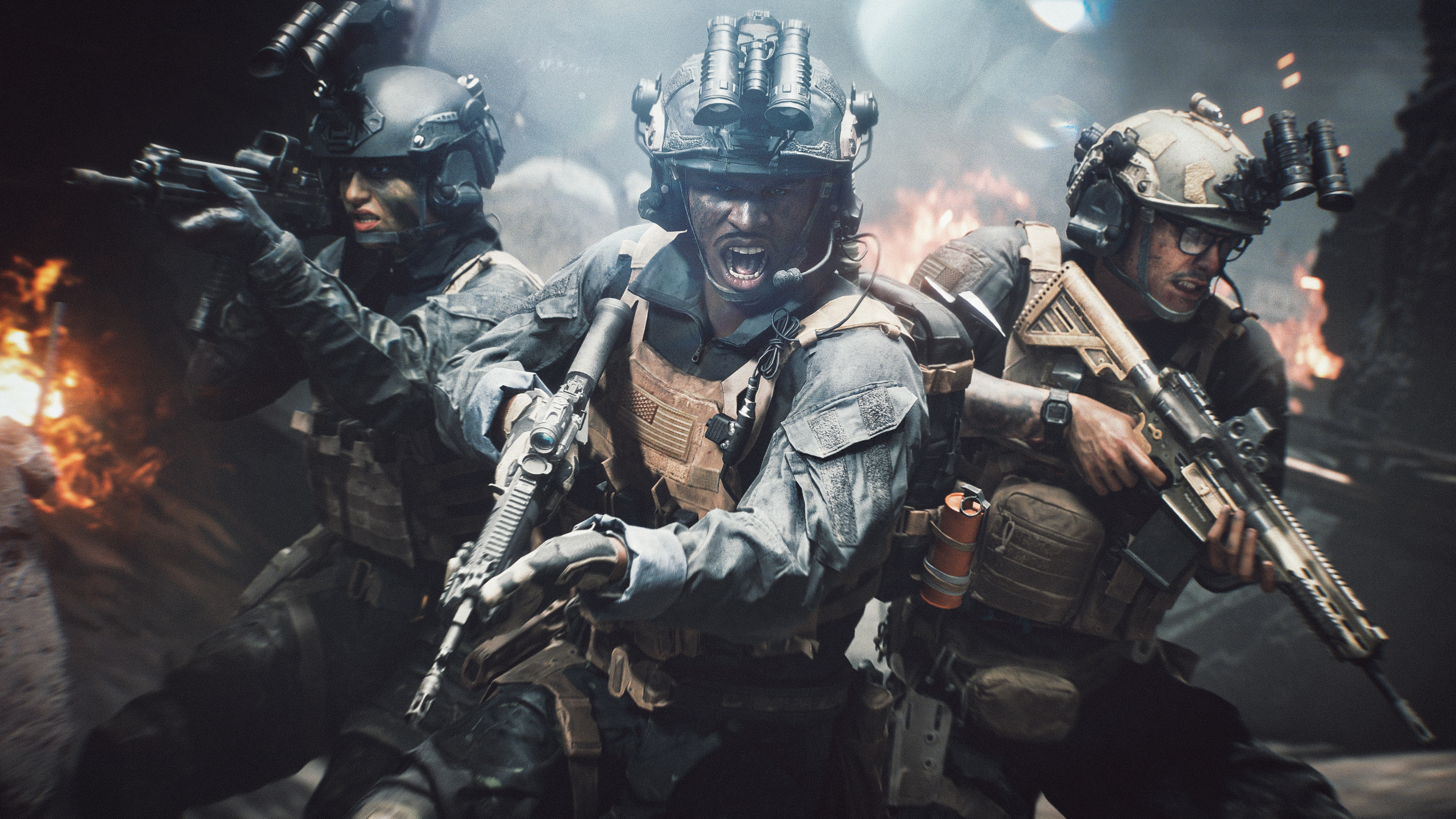 Battlefield 6 launch meta: Dagger 1-3 squad bracing for combat, with Gecko aiming on the left, Murphy shouting in the middle, and Lopez crouched on the right.