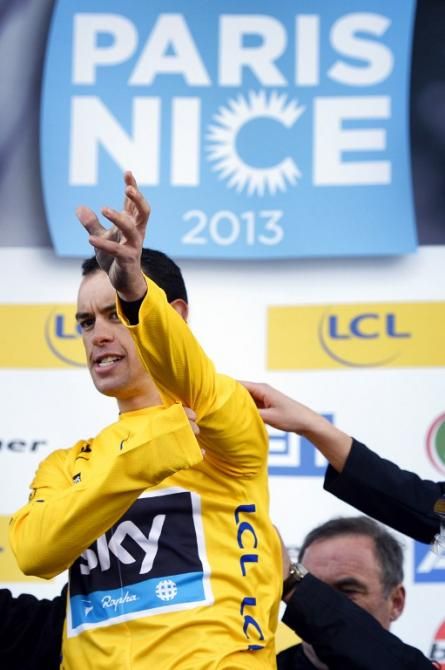 Richie Porte (Sky) pulls on the Paris-Nice leader's jersey