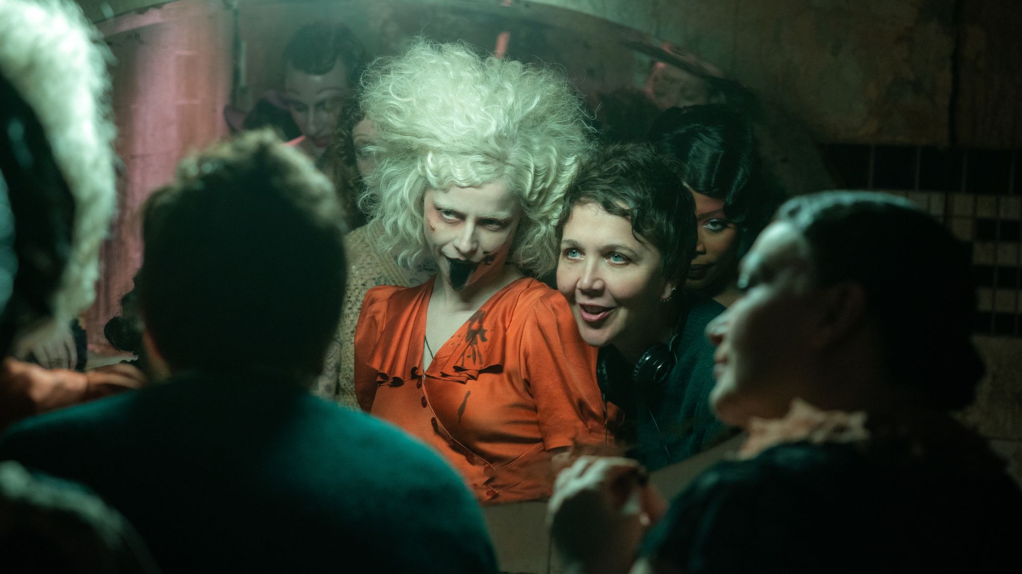 An image of Jessie Buckley and Maggie Gyllenhaal on the set of The Bride!