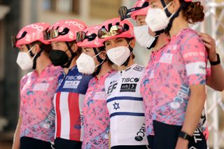 GANDIA SPAIN FEBRUARY 17 Omer Shapira of Israel and Team EF Education Tibco SVB with teammates during the team presentation prior to the 6th Setmana Ciclista Valenciana Vuelta Comunidad Valenciana Feminas 2022 Stage 1 a 114km stage from Tavernes de la Valldigna to Gandia VoltaCVFemines22 on February 17 2022 in Gandia Spain Photo by Gonzalo Arroyo MorenoGetty Images