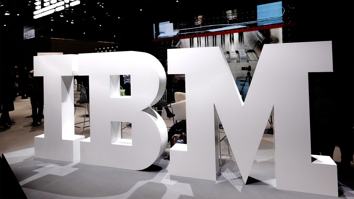 IBM logo displayed at their pavilion during the Mobile World Congress in Barcelona, Spain, on February 28, 2024