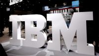 IBM logo displayed at their pavilion during the Mobile World Congress in Barcelona, Spain, on February 28, 2024