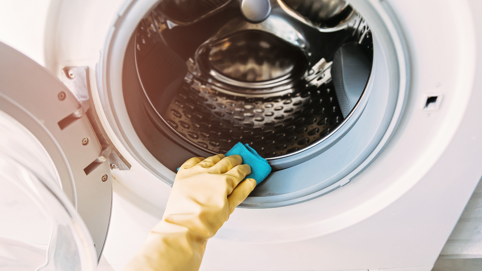 Rubber gloved hand wiping a washing machine rubber with a blue sponge