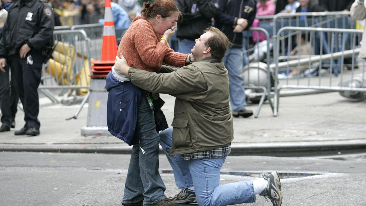 A man proposes in Times Square, New York 