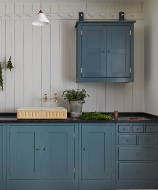 blue shaker small kitchen with vintage fluted sink by plain english design