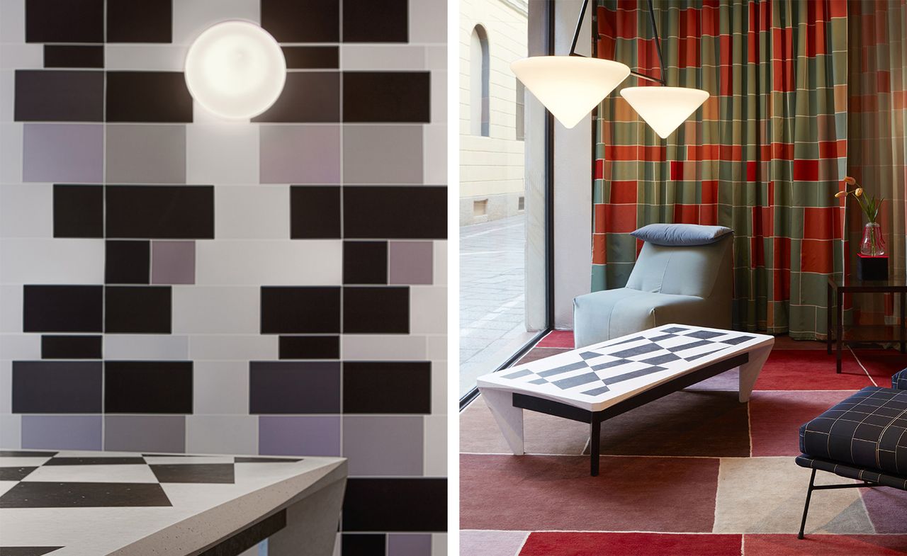 The photo on the left shows a detailed look at the black &amp; white geometric shape pattern coffee table. The photo to the right, shows the coffee table in the lifestyle setting, next to a light blue armchair.