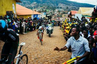 Sixth stage of the Tour of Rwanda between Kayonza and Kigali. A rider of the national team of Algeria in the famous "Wall of Kigali."