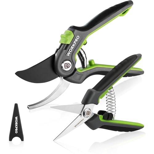 Workpro 2-Piece Secateurs &amp;amp; Pruning Scissors | Heavy Duty 210mm Bypass Secateurs With Sk5 Blades and 160mm Shears | Labor-Saving Scissors With Safty Lock | Essential Garden Tools for Pruning Flowers