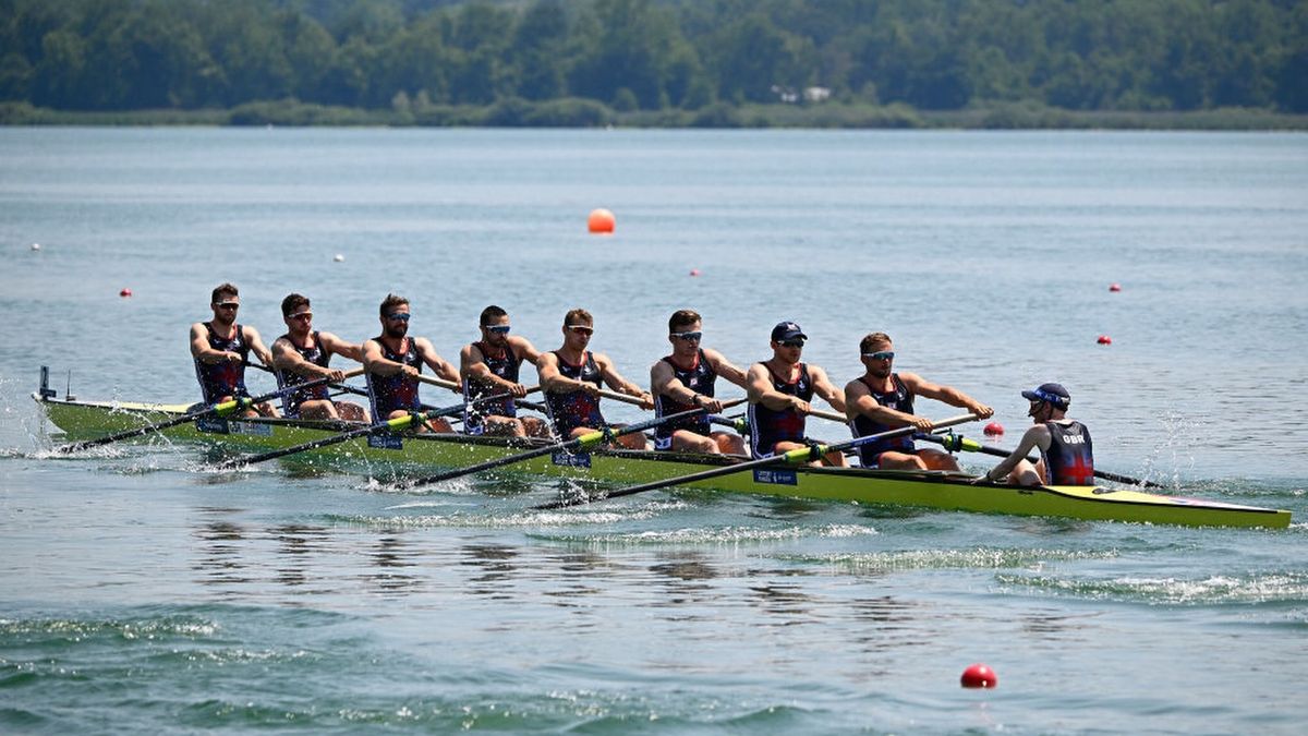 Team GB Men&#039;s Eights team compete during the Rowing World Cup ahead of the 2024 Paris Olympic rowing