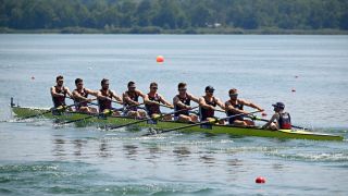 Team GB Men's Eights team compete during the Rowing World Cup ahead of the 2024 Paris Olympic rowing