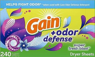 Front image of the colourful Gain + Odor Defense Dryer Sheets pack