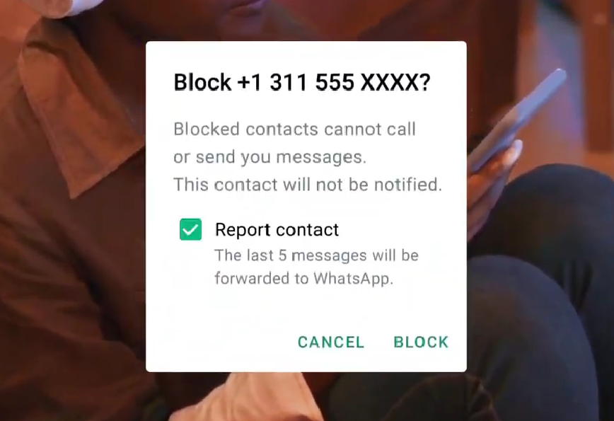 New options in WhatsApp to block or report a contact directly from the lock screen