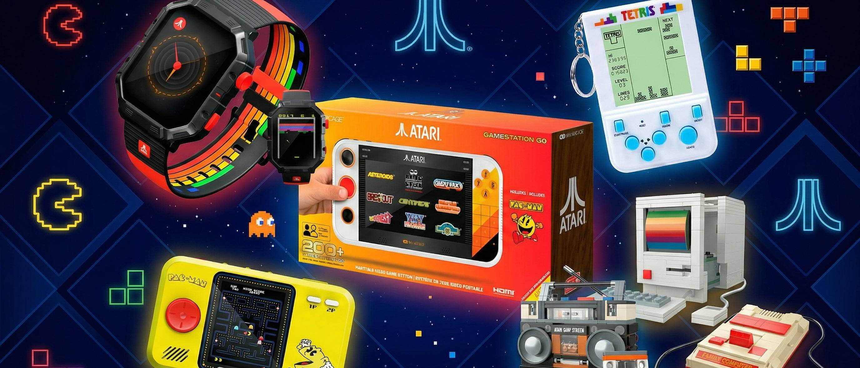 Compilation of retro gaming consoles and toys