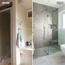 before and after photos of a bathroom makeover