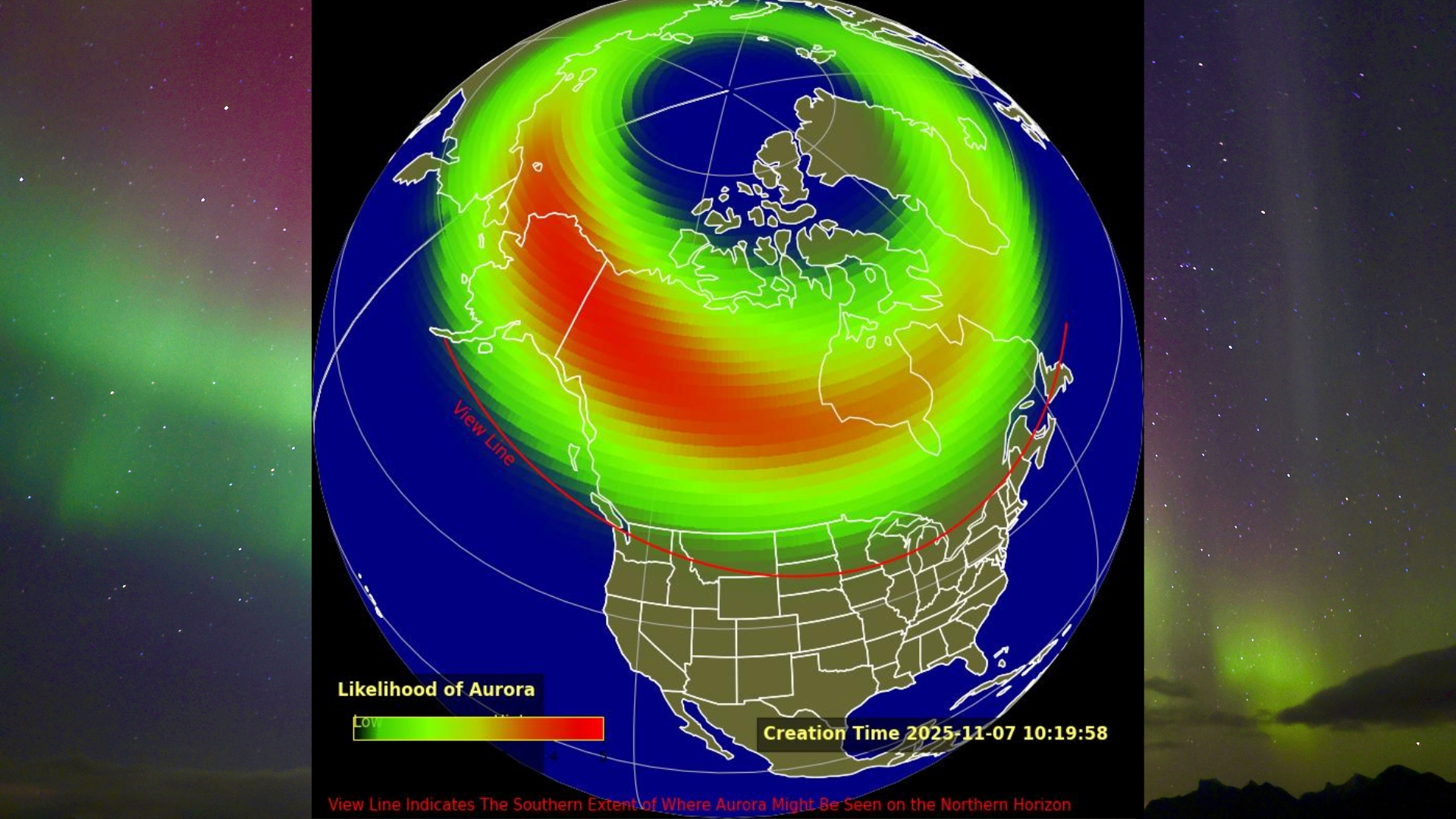 graphic showing the noaa forecast map and where auroras might be visible over the US tonight.