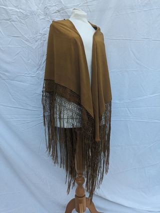 Antique 1920s 1930s Heavily Fringed Piano Shawl Bronze Gold Silk Stunning