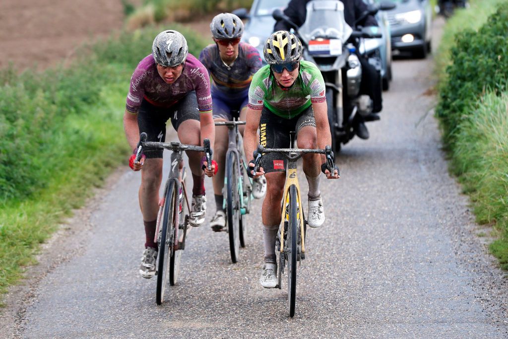 SWEIKHUIZEN NETHERLANDS AUGUST 28 LR Chantal Van Den Broek Blaak of Netherlands and Team SD Worx Katarzyna Niewiadoma of Poland and Team Canyon SRAM Racing and Marianne Vos of Netherlands and Team Jumbo Visma green points jerseycompete in the breakaway during the 23rd Simac Ladies Tour 2021 Stage 4 a 1489km stage from Geleen to Sweikhuizen SLT2021 UCIWWT on August 28 2021 in Sweikhuizen Netherlands Photo by Bas CzerwinskiGetty Images