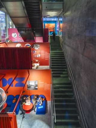 Red and blue exhibition spaces